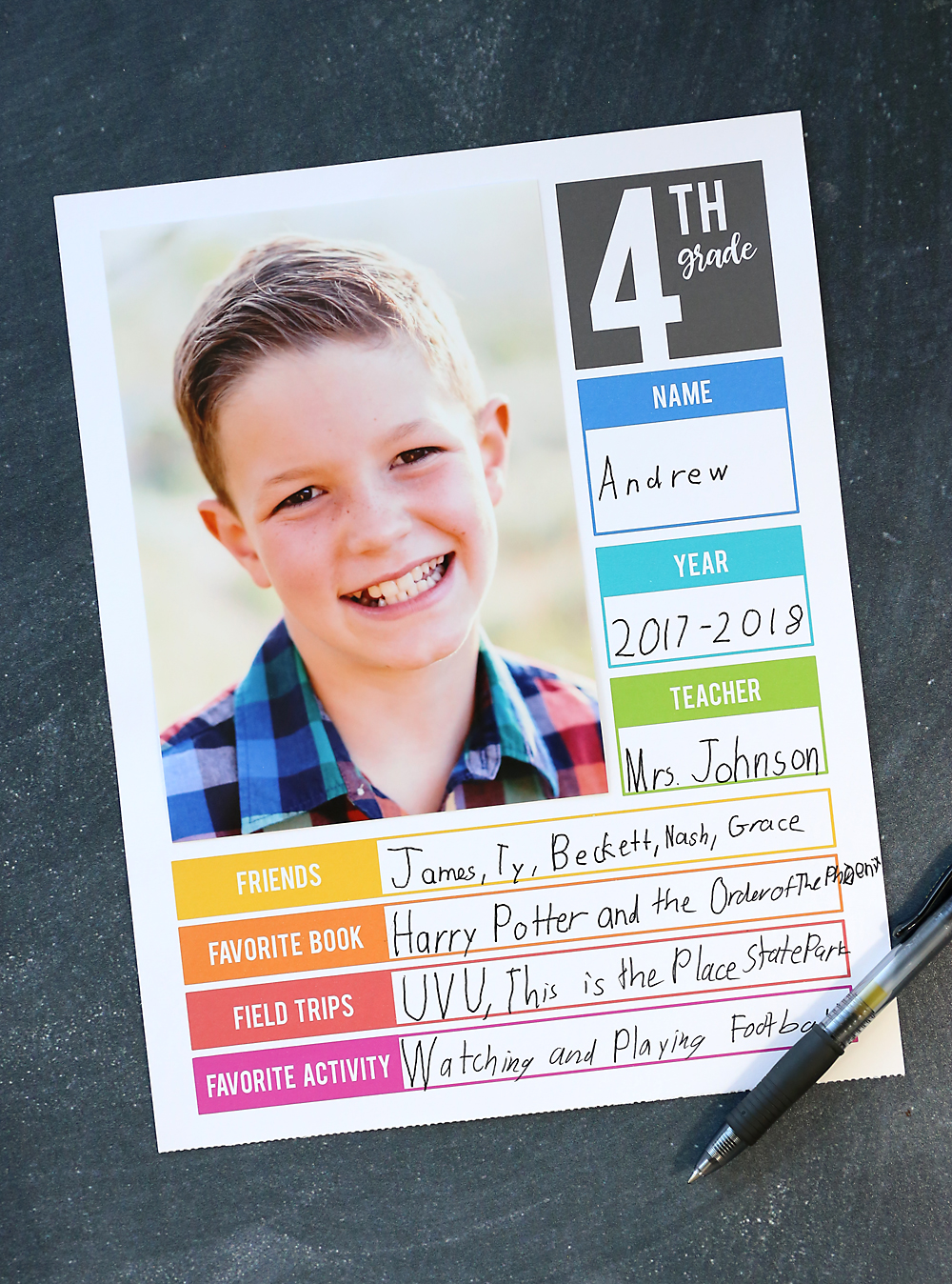 4th grade school memory book page with school photo and other information filled in