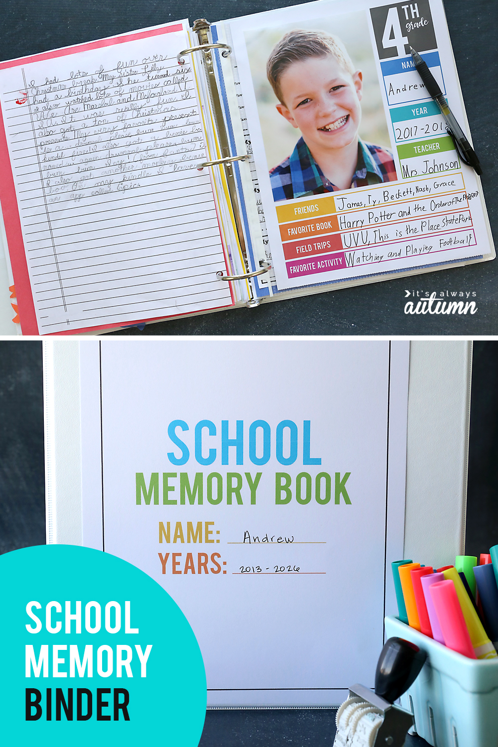 School memory book in a binder with page for each year