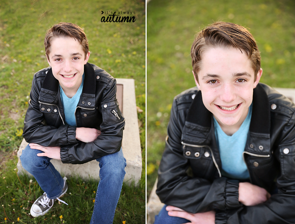 A boy sitting down, leaning forward