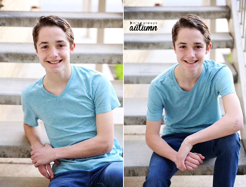 Photo poses for boys - a teen boy sitting on a set of stairs, leaning forward on his knees