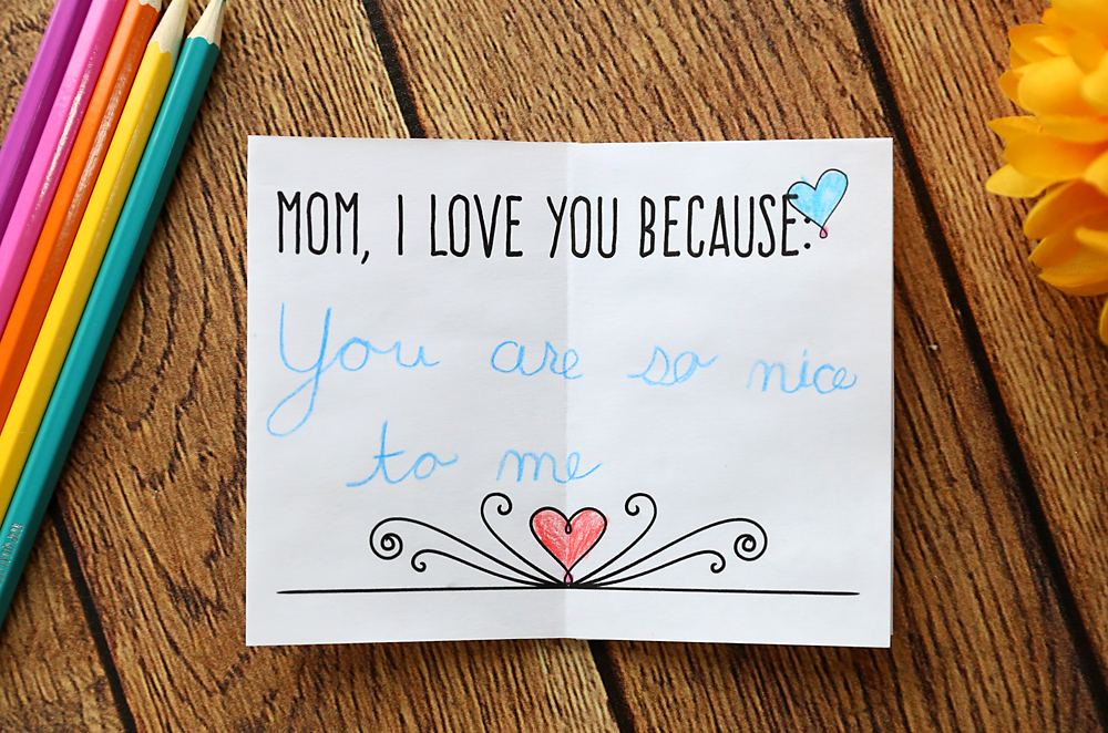 Inner page of the Mother\'s day book that says Mom, I love you because: