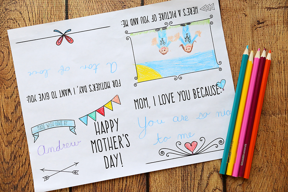 Printable Mother\'s Day card that has been colored in by a child