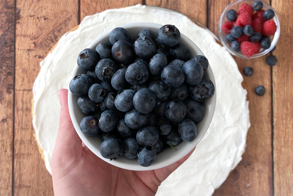 A hand holding a bowl of blueberries