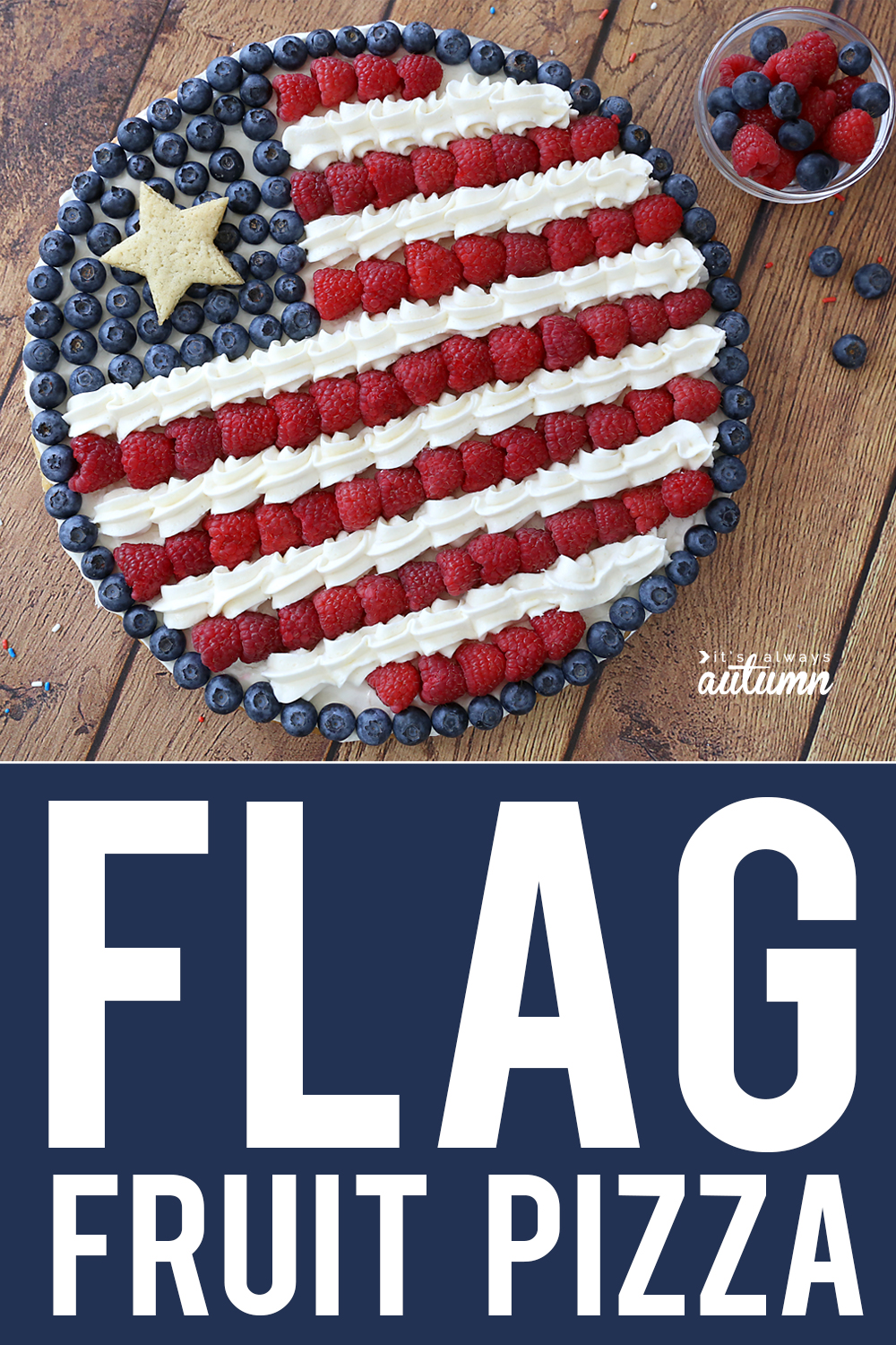 American flag fruit pizza on a wood table