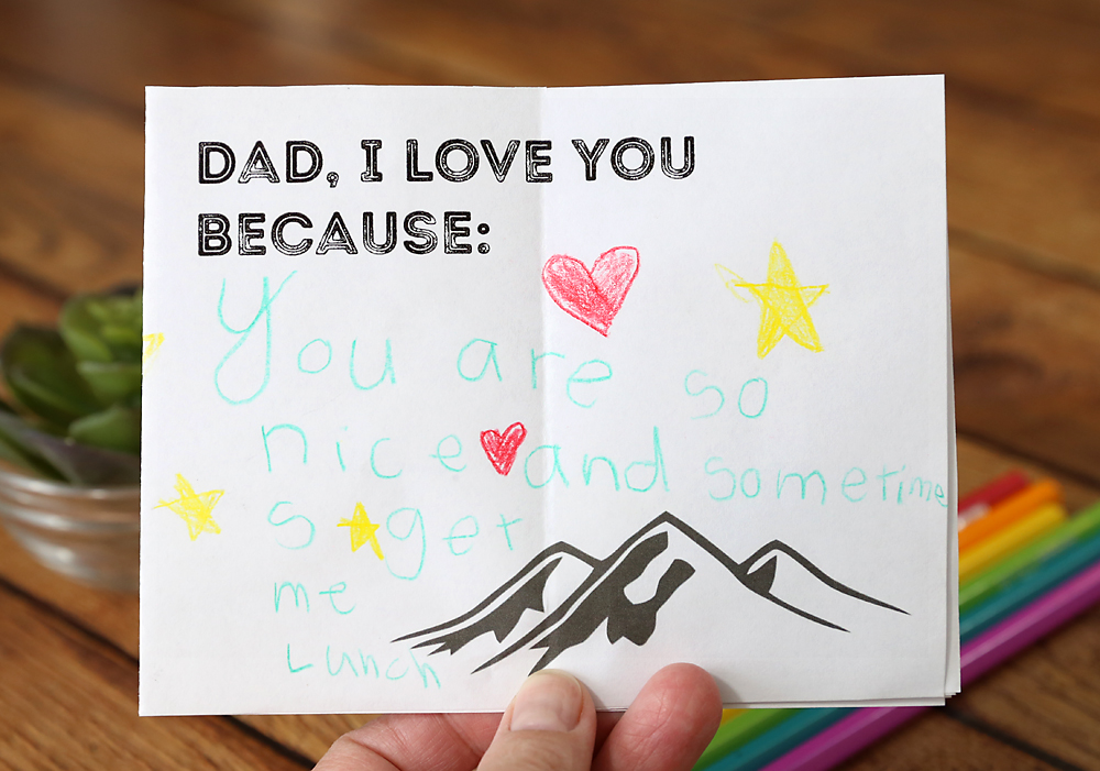 Inside a little paper Father\'s Day book - page says Dad, I love you because: