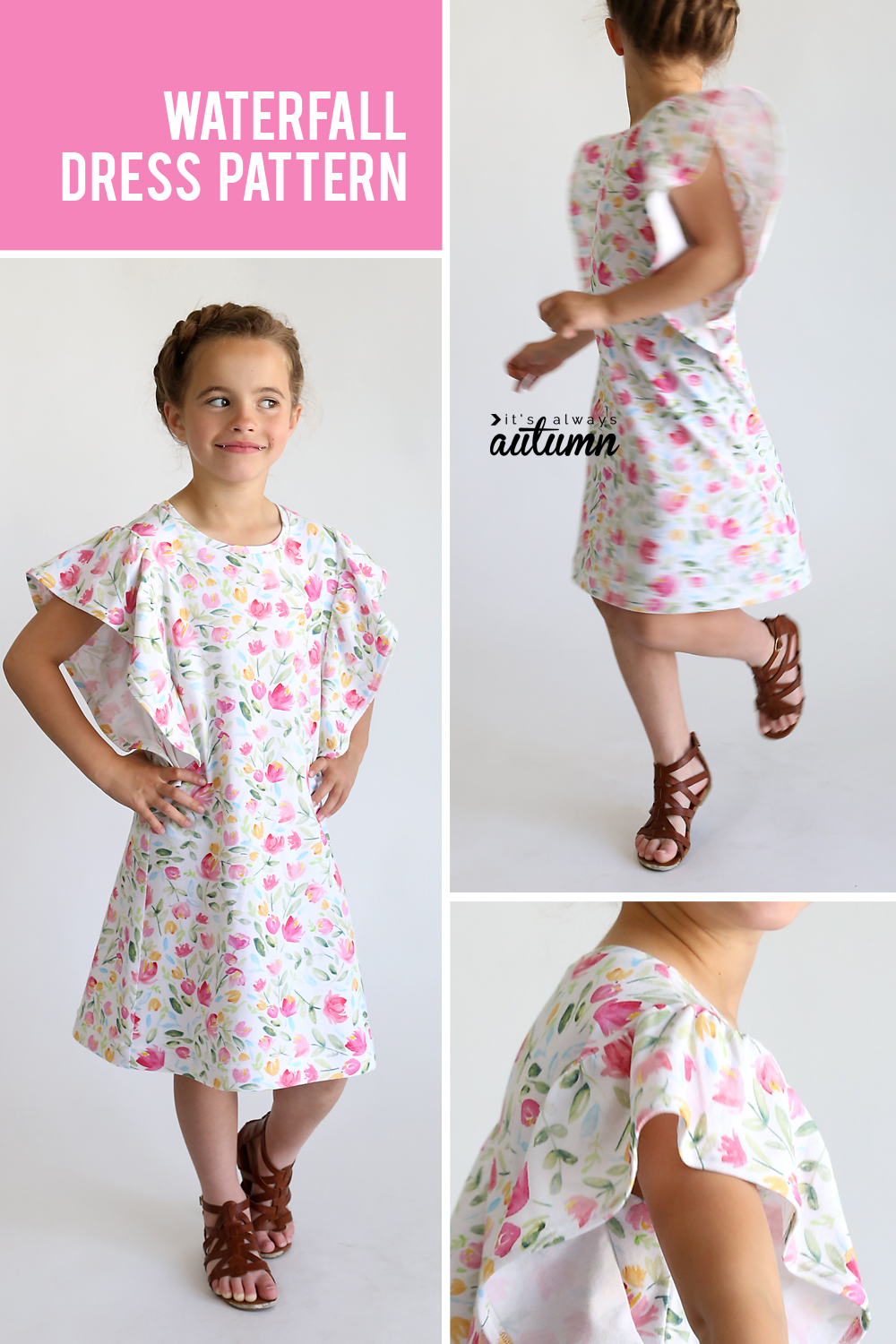 Little girl wearing a floral dress with fluttery sleeves