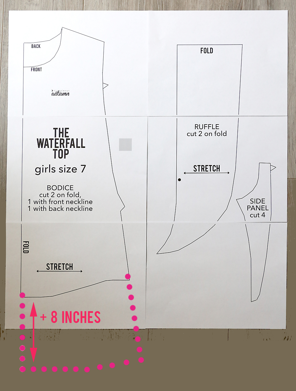 The Waterfall top pattern diagram with 8 inches of extended length