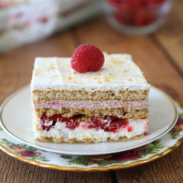 Rapsberry cheesecake icebox cake on a plate