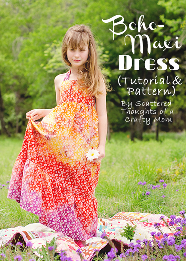 Girl wearing a halter top maxi dress sewn from a free pattern