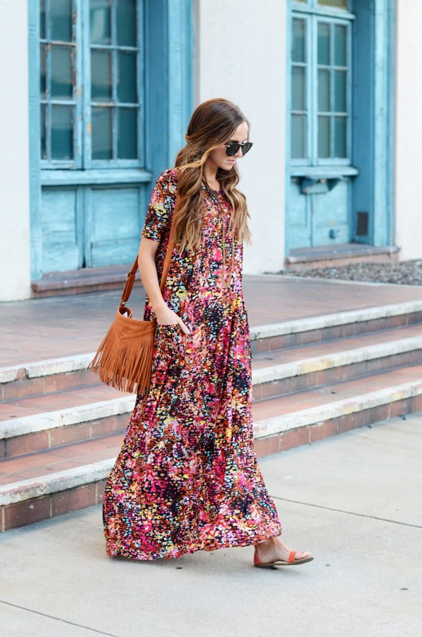 Woman wearing floral maxi dress; maxi dress patterns