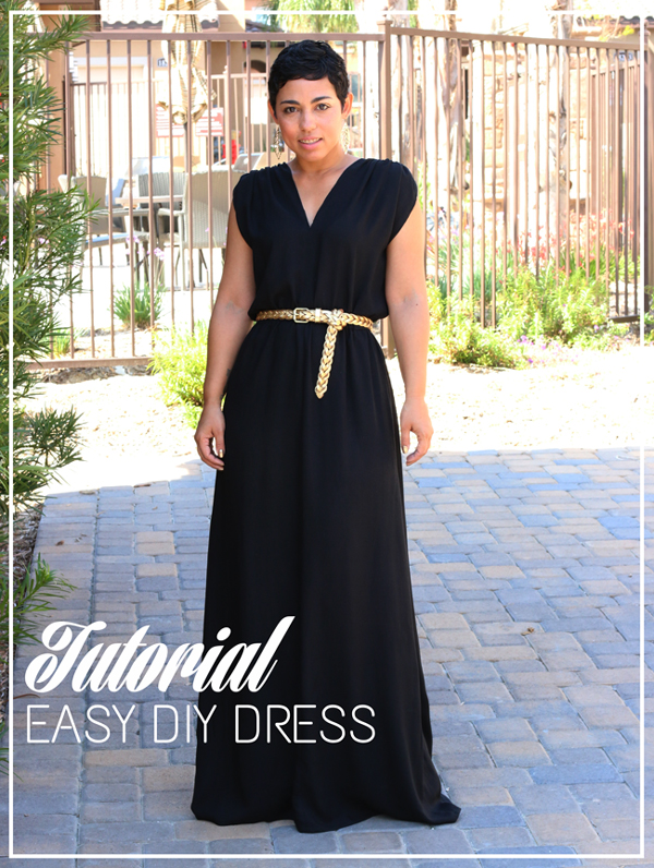 Woman wearing black long dress with text: tutorial Easy DIY dress