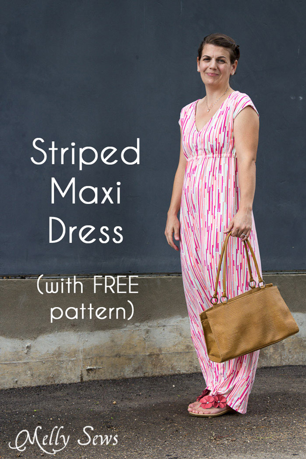 Woman wearing a striped maxi dress made from a free pattern