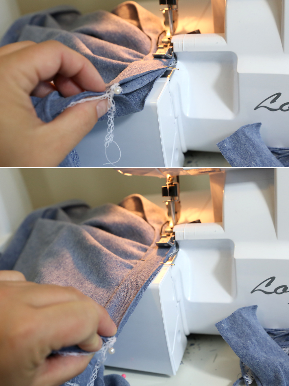 Sewing on the neckbinding on a sewing machine