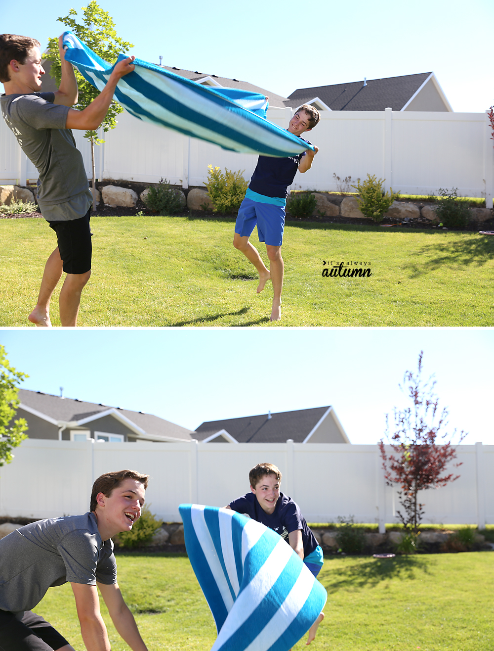 Kids playing water balloon volleyball using towels to toss water balloons