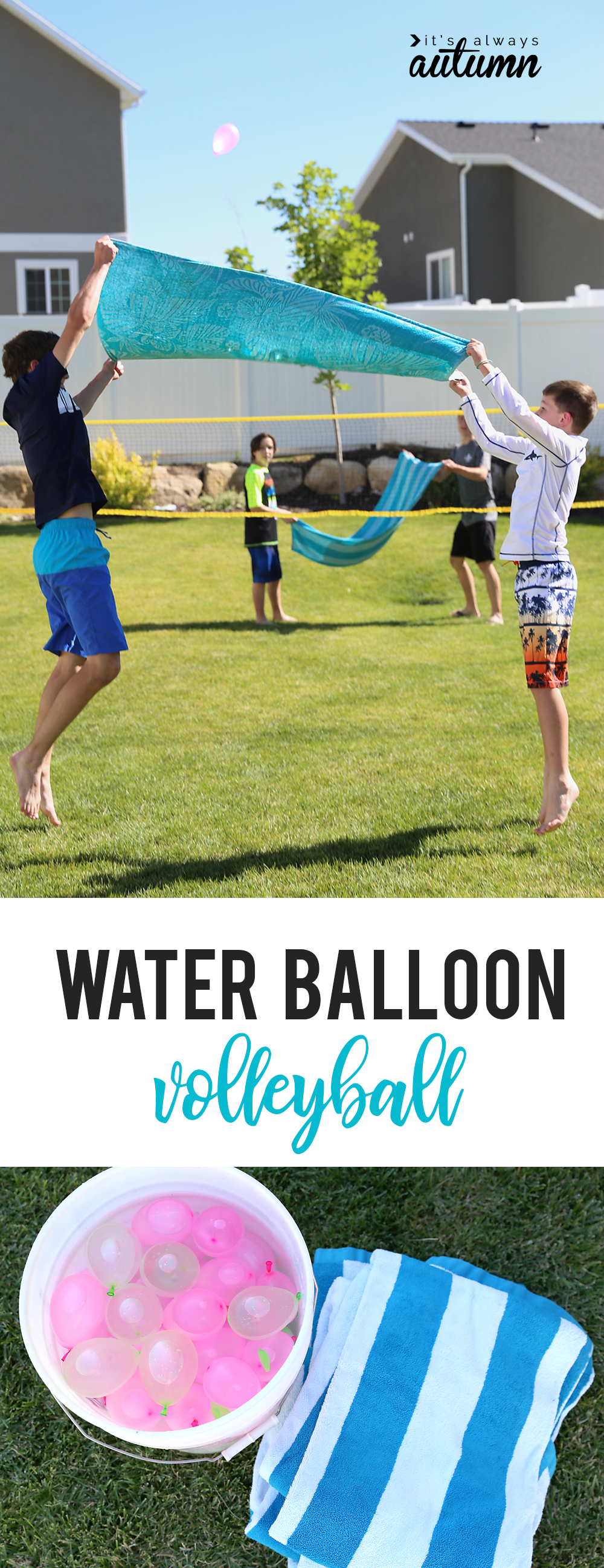 Kids playing water balloon volleyball using towels to toss water balloons