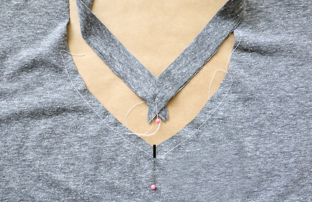 Neckbinding and neckline with pins marking the center of the V in each