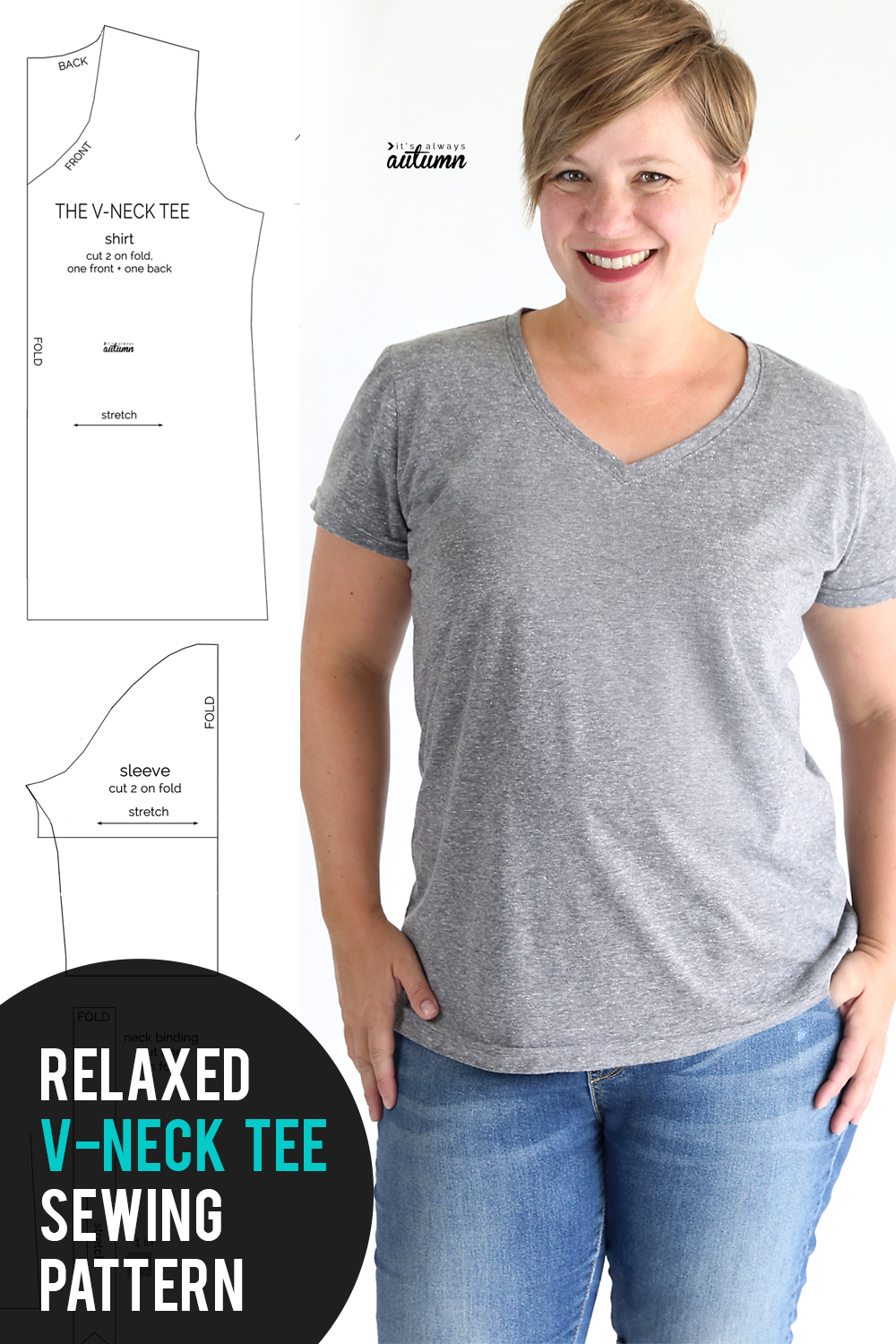 Learn how to make a v-neck t-shirt with this easy to follow sewing tutorial! Free pattern in size L included.
