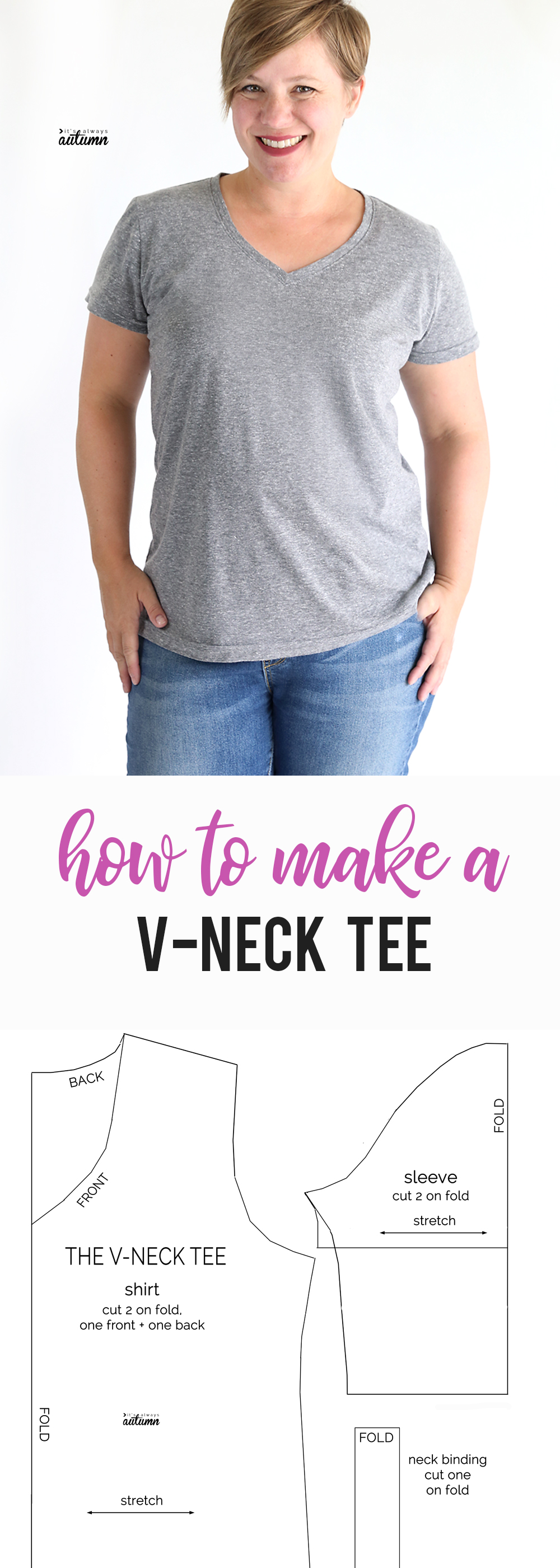 Learn how to make a v-neck t-shirt with this easy to follow sewing tutorial! Free pattern in size L included.