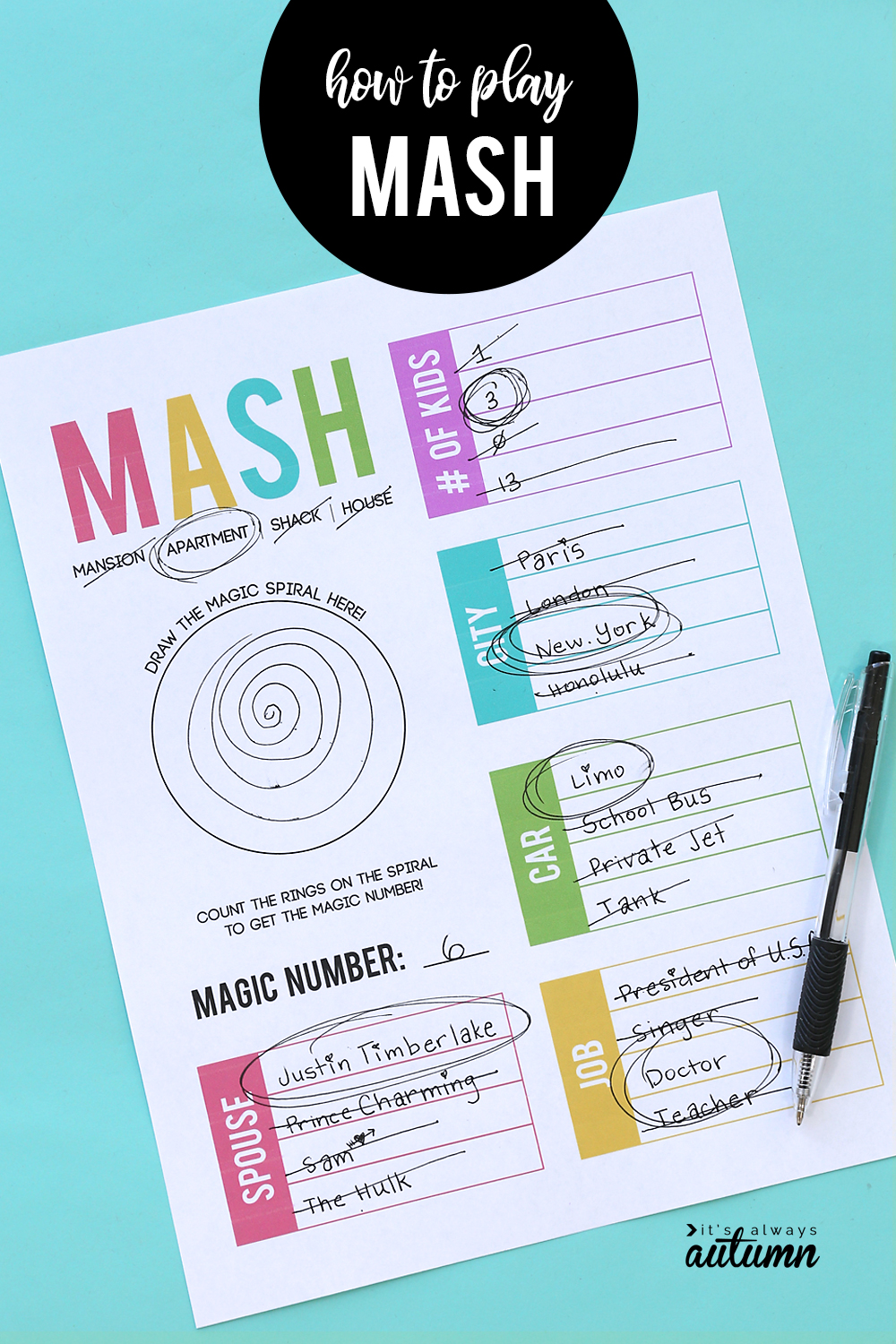 Printable MASH game