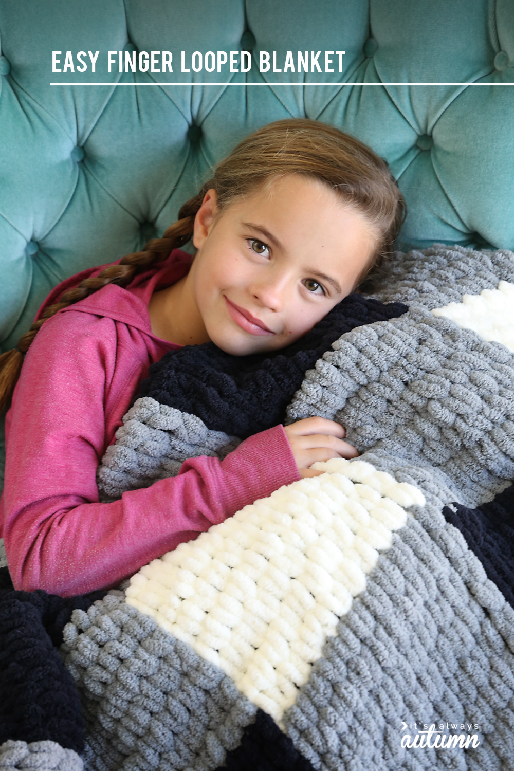 Girl snuggling with handmade blanket