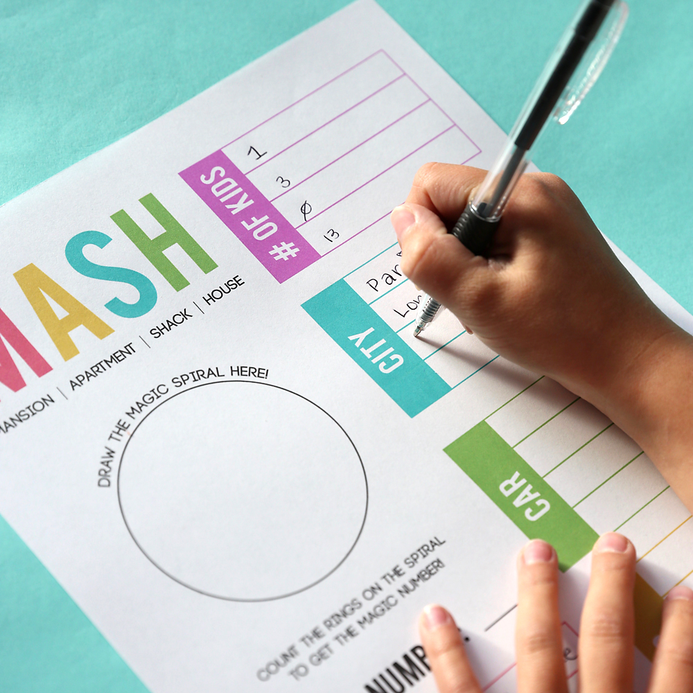 Filling out options on printable MASH game