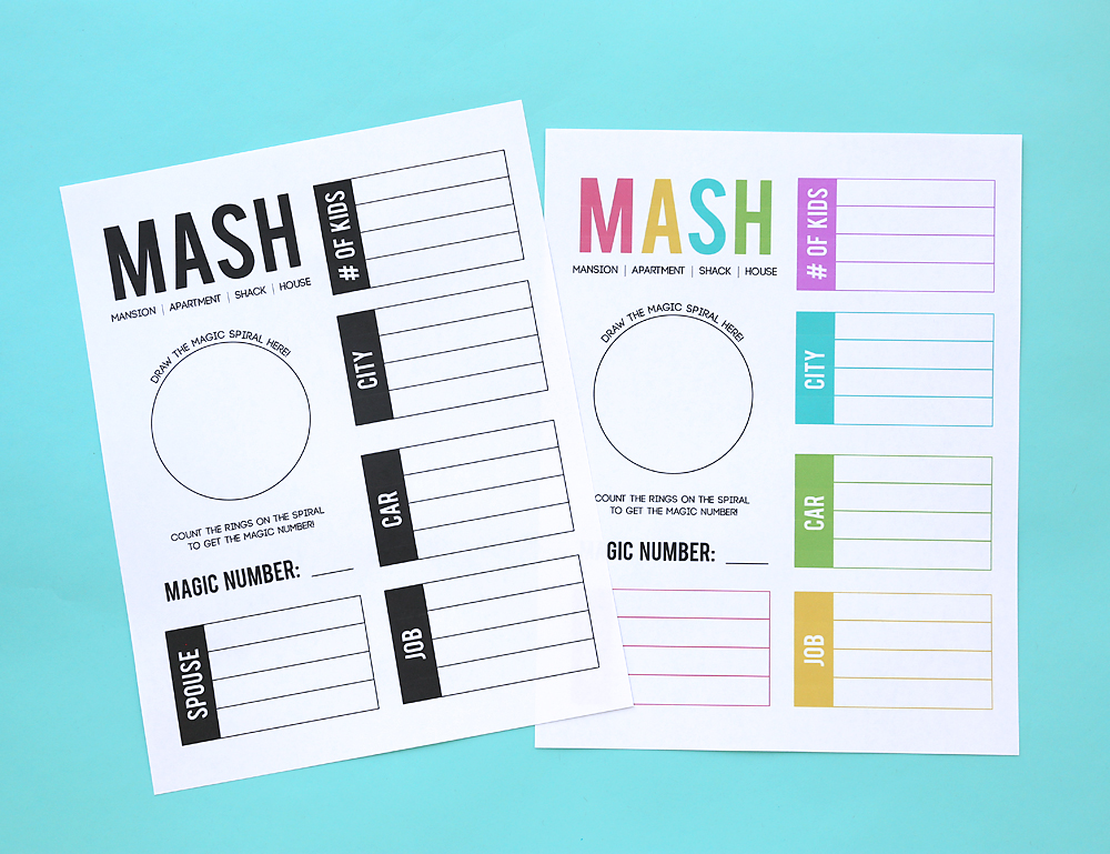 Printable MASH game in black and white and color