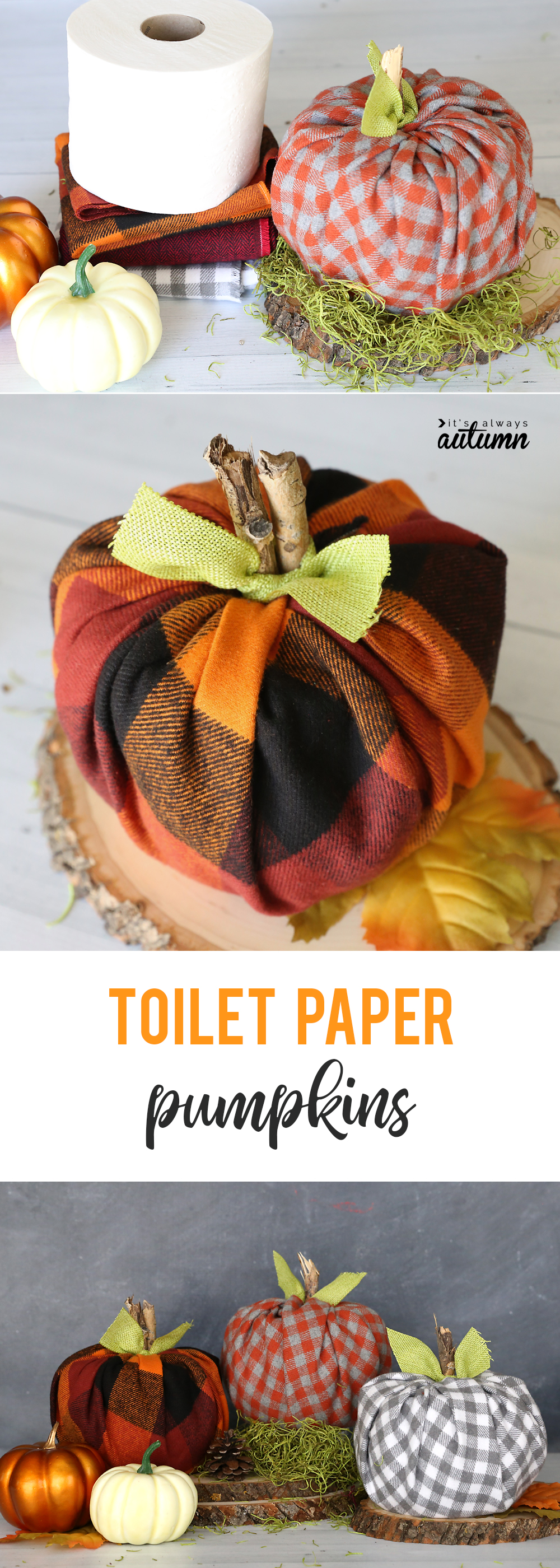 Pumpkin made from a roll of toilet paper wrapped with flannel fabric with a stick for the stem and ribbon tied around for leaves