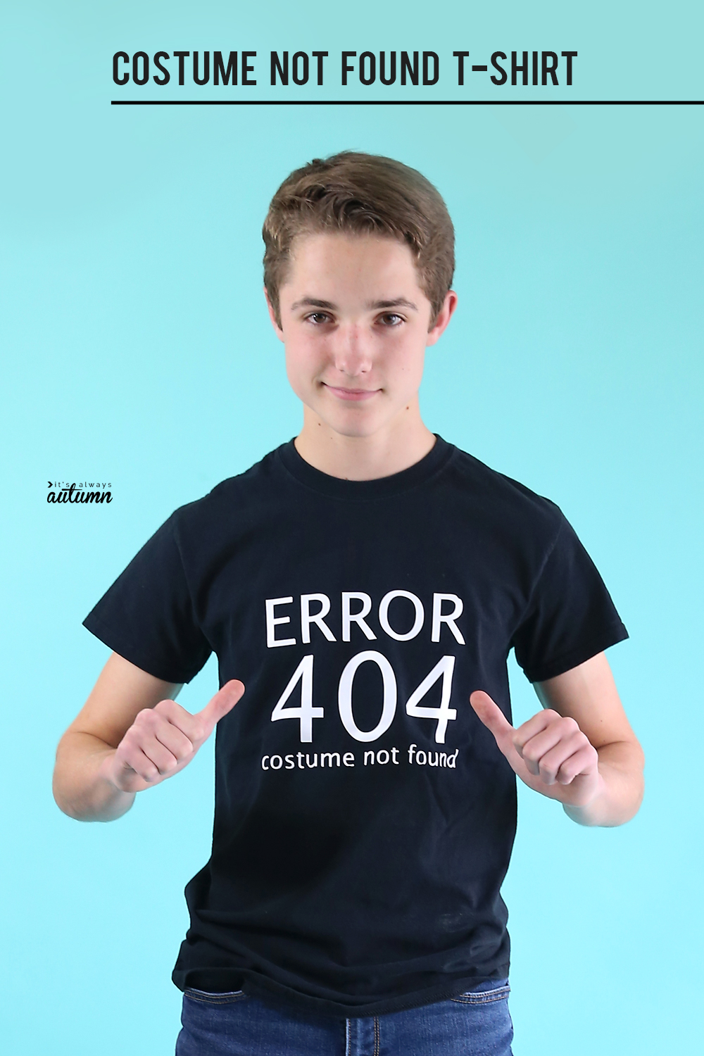 Teen boy dressed in Error 404 Halloween costume not found shirt