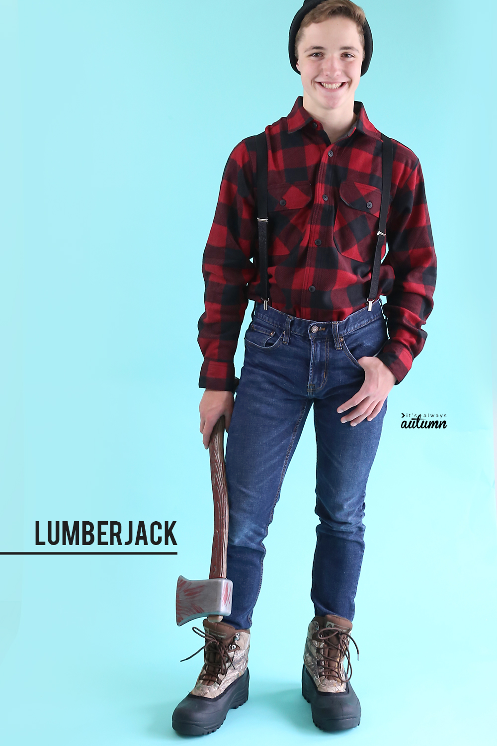 Teen boy dressed in lumberjack Halloween costume
