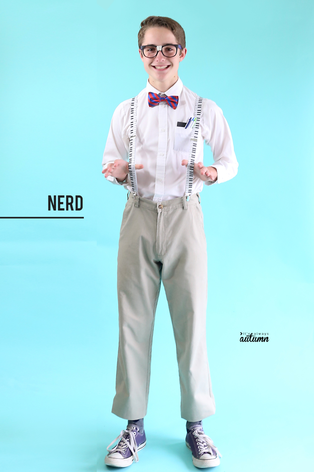 Teen boy dressed in nerd Halloween costume