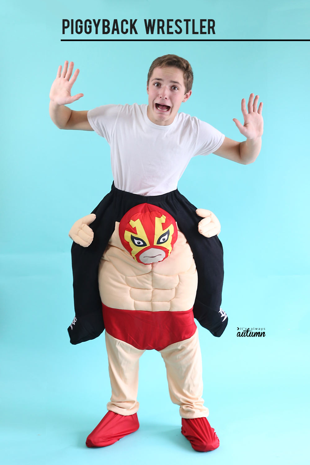 Teen boy dressed in wrestler Halloween costume