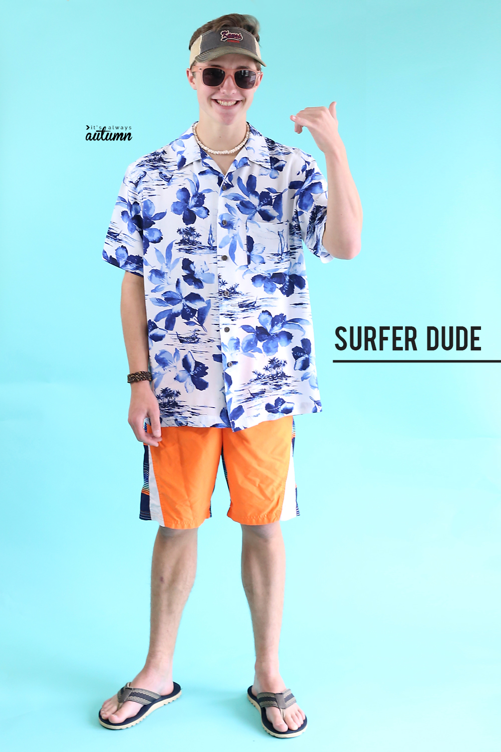 Teen boy dressed in surfer dude Halloween costume