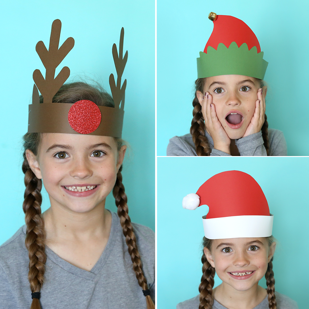 Girl wearing a Christmas headbands made from paper: reindeer, elf, and Santa