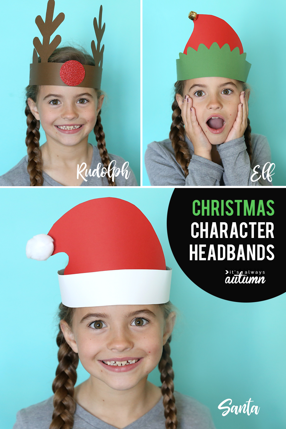 Girl wearing a Christmas headbands made from paper: reindeer, elf, and Santa