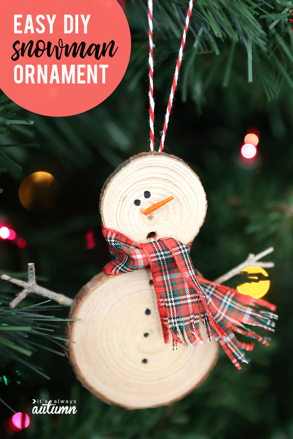 Snowman Christmas ornament made from small wood slices