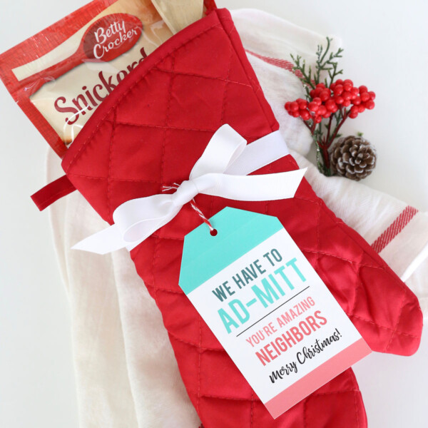 oven mitt with cookie mix and wood spoon and gift tag