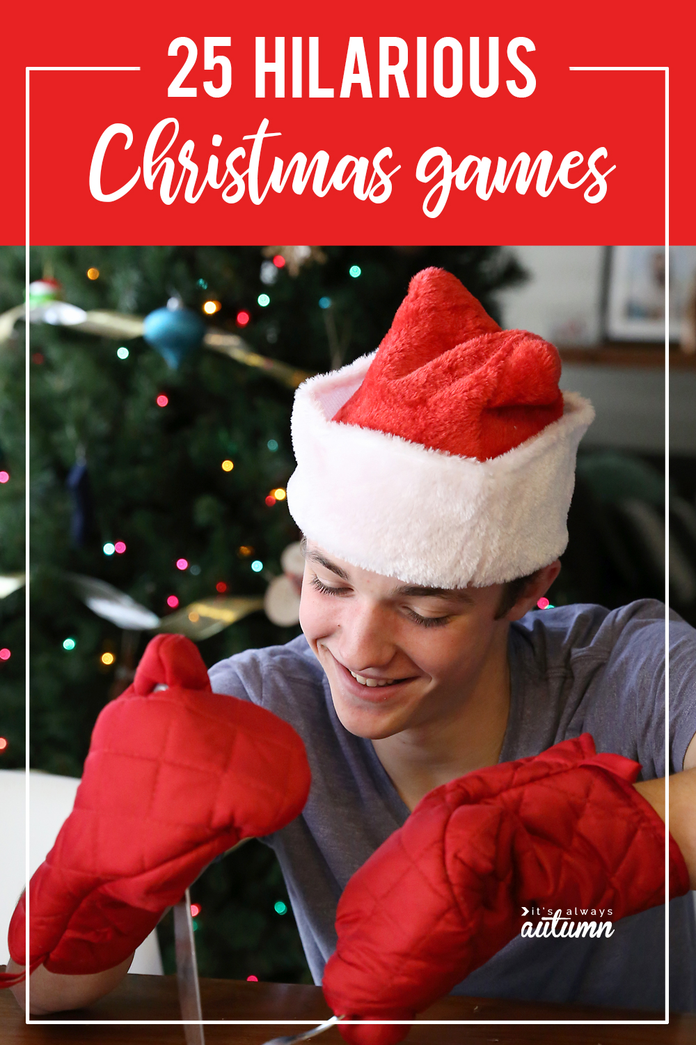 Christmas games - Boy in Santa hat and oven mitts cutting chocolate bar with a fork and knife