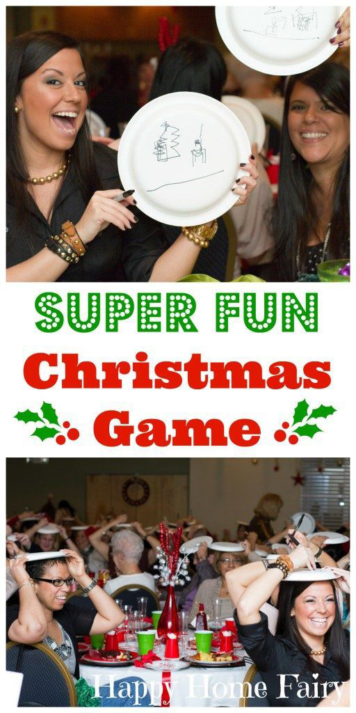 Super fun Christmas game - people holding paper plates on their heads drawing on them