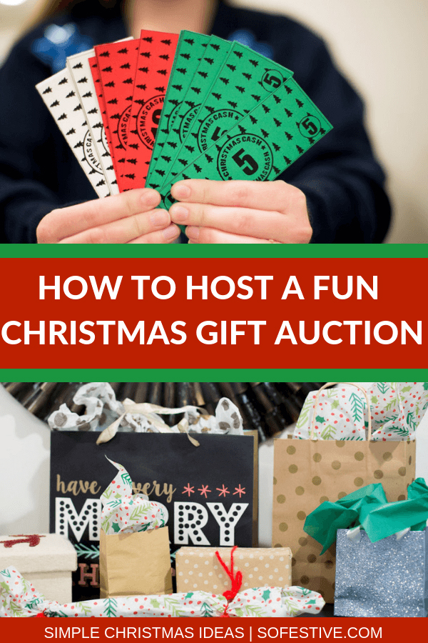 How to host a fun Christmas gift auction - person holding play money and gifts