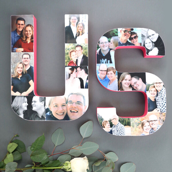 Love these pretty photo letters! Glue favorite photos on paper mache letters to spell a word. Great Valentine's Day or anniversary gift idea.
