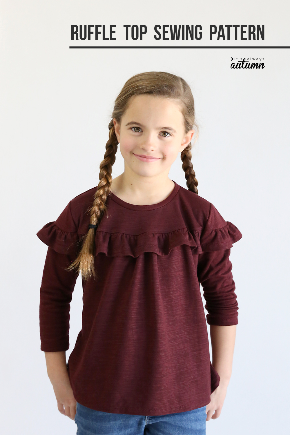 Girl wearing ruffled t-shirt made from free sewing pattern