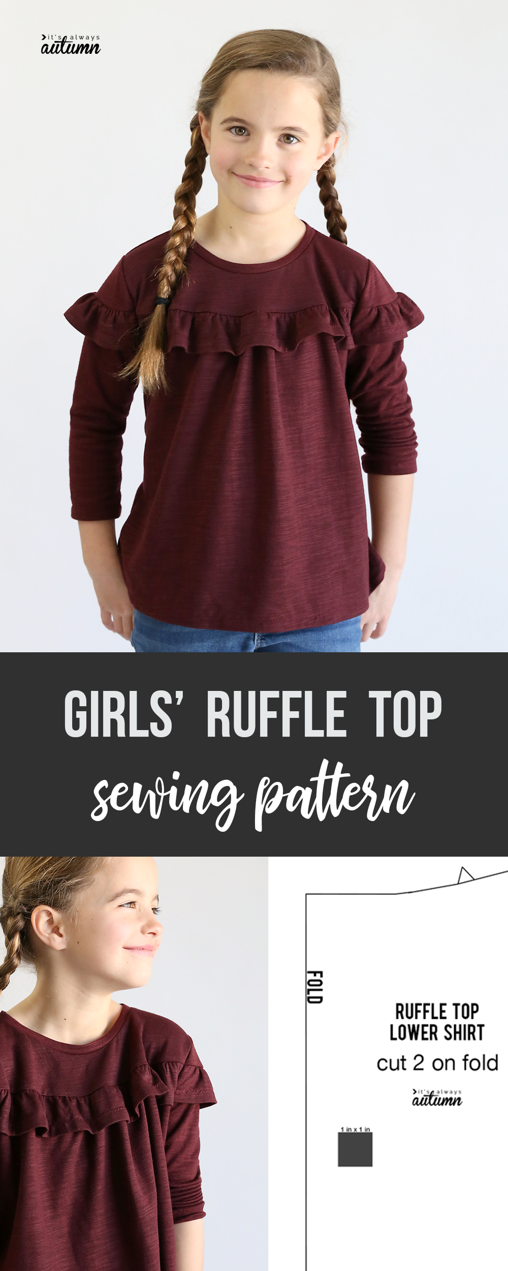 Girl wearing a ruffle top made from a free sewing pattern