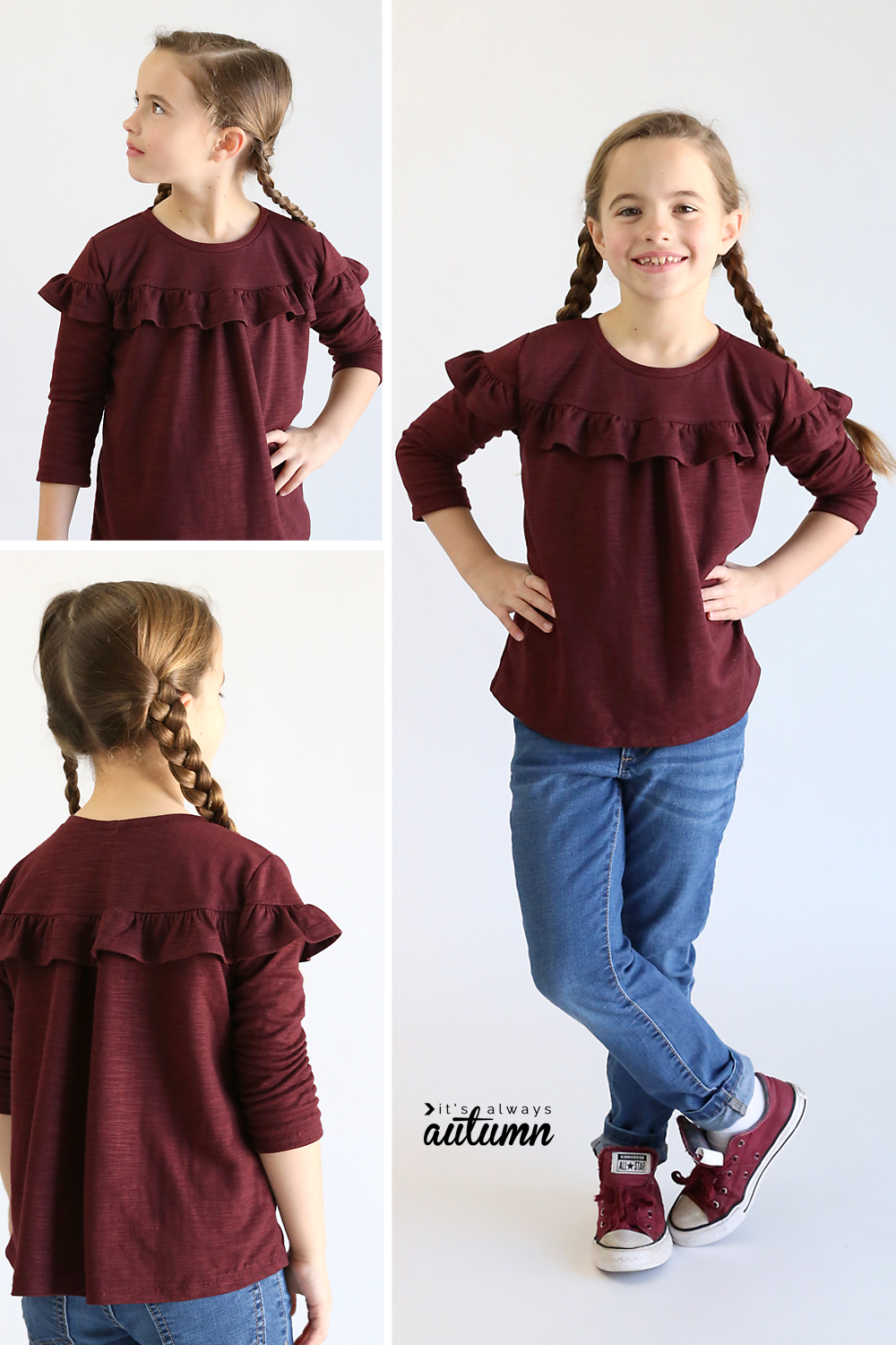 Girl wearing ruffled t-shirt made from free sewing pattern