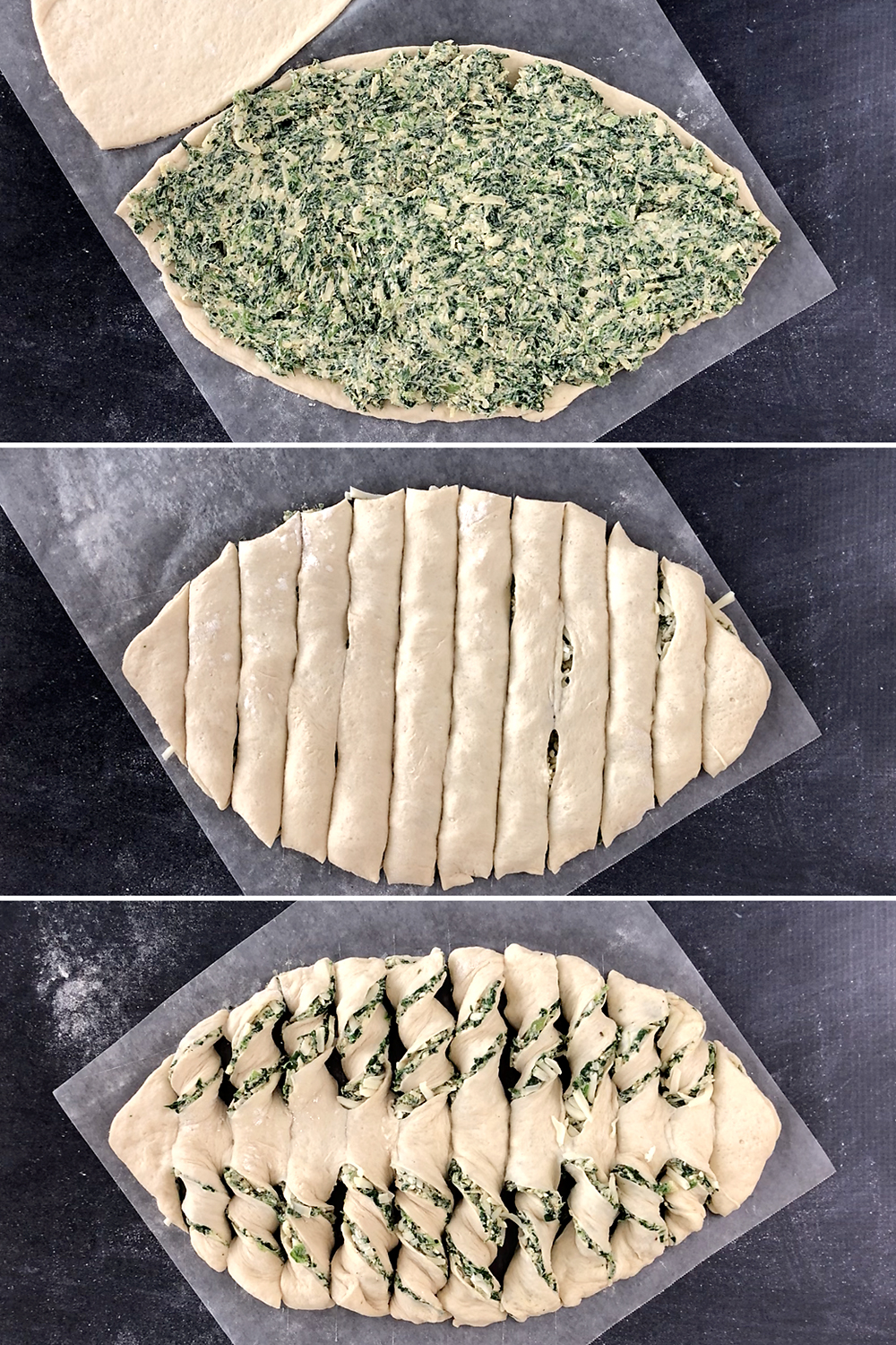 Pizza dough topped with spinach dip, then topped with more pizza dough, then in twisted strips