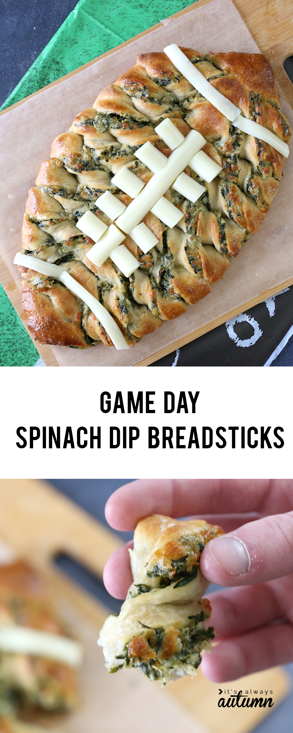 Spinach dip breadsticks in the shape of a football