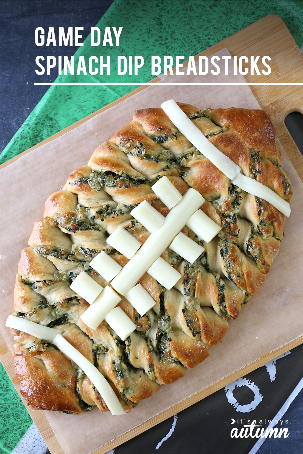 Spinach dip breadsticks in the shape of a football