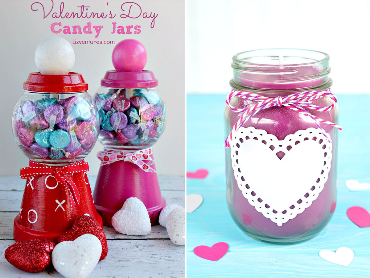 Collage: DIY Valentine\'s Day candy jars; pink candle made in a mason jar with a heart doily