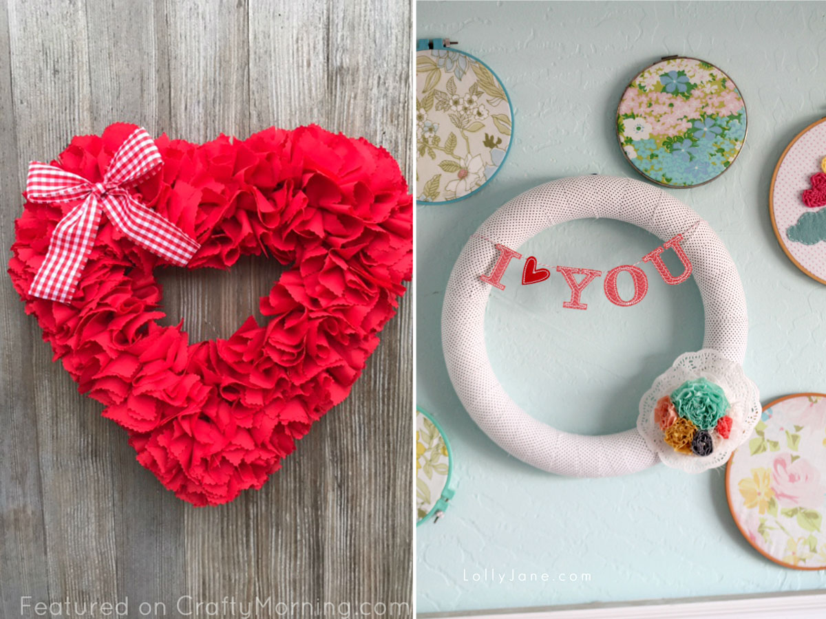 Fabric wrapped wreath and heart shaped fabric wreath