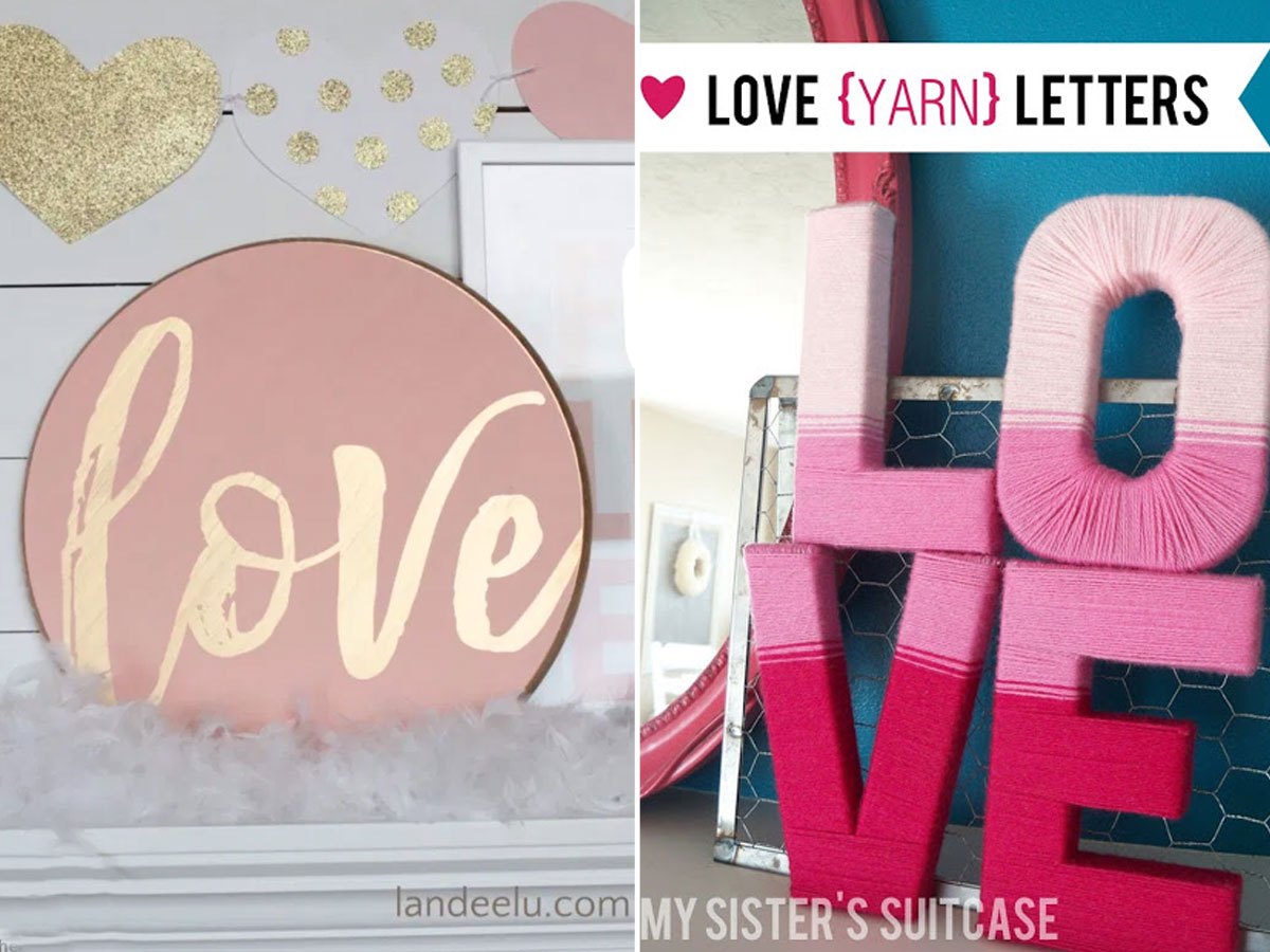 Love sign and DIY yarn wrapped Valentines day letters