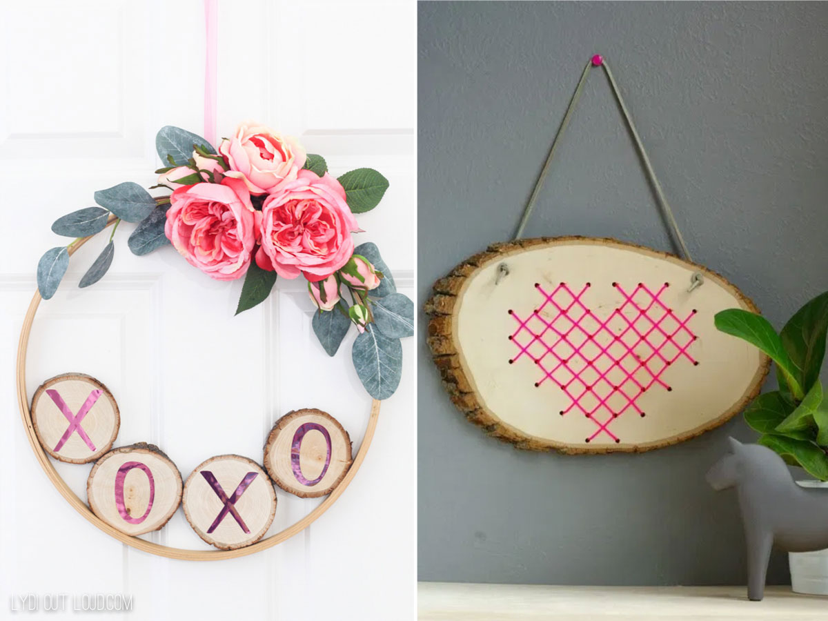 Valentine's Day embroidery hoop wreath and wood slice cross stitch